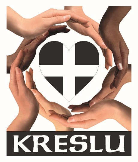 Kreslu charity logo — hands encircling a heart with the St Piran's Cross